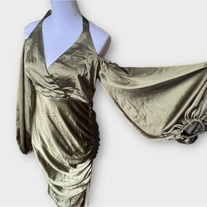 ASOS Olive Green Halter Gown Bishop Sleeve Tie Back Formal Glam Womens 8